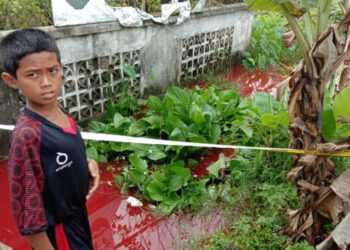 PENDUDUK menyaksikan kejadian perubahan warna air di Kampung Meunasah Ranto, Aceh Utara.-KOMPAS.COM.