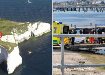 SEORANG lelaki terselamat selepas terjatuh dari ketinggian kira-kira 30.48 meter di tebing di Old Harry Rocks berhampiran Swanage di Dorset. - BNPS