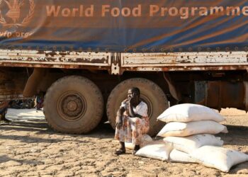 SEORANG wanita pelarian Sudan duduk di sebelah trak WFO semasa pengedaran makanan di Bentiu, Sudan Selatan.-AFP