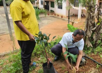 RAZAK Daud (kanan) menanam 10 jenis pokok buah-buahan sempena tarikh unik hari ini sebagai  dikenang sepanjang hayat.