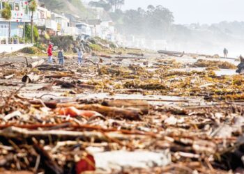 BEBERAPA penduduk melihat serpihan kayu yang dibawa ribut ke pesisiran pantai sekitar Montecito, California, kelmarin.