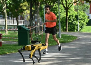 ROBOT berbentuk anjing bernama Spot melakukan rondaan bagi memastikan orang ramai mematuhi penjarakan fizikal bagi mengelak penularan Covid-19  di Taman Bishan-Ang Moh Kio, Singapura pada Mei lalu. – GAMBAR HIASAN/AFP