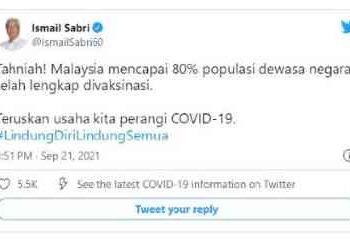 CIAPAN Twitter Ismail Sabri berhubung kejayaan mencapai populasi 80 peratus dewasa lengkap suntikan vaksin.