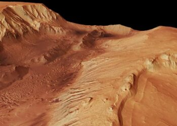 PESAWAT pengorbit, Mars Express merakamkan gambar Candor Chasma yang merupakan ngarai terbesar di utara Valles Marineris, Julai 2006.-AGENSI