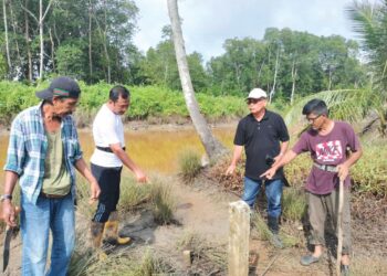 KHALID Kader (kiri) dan Mazlan Ithnin (dua dari kiri) serta beberapa petani menunjukkan batu sempadan yang terletak kira-kira 12 meter dari benteng penghalang air masin dibina JPS Batu Pahat di Johor.