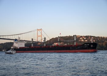 KAPAL kargo Asl Tia yang membawa bijirin Ukraine berlayar di bawah jambatan Fatih Mehmet Sultan di Bosphorus ke Laut Marmara di Istanbul pada November tahun lalu. - AFP