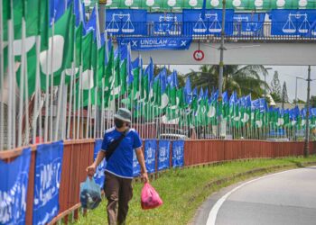 DERETAN bendera parti politik yang bertanding dalam PRN menghiasi sepanjang jalan raya di Wakaf Tapai, Marang, Terengganu. GAMBAR HIASAN