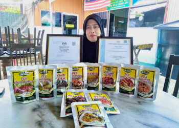 ZARINA Bakar menunjukkan sijil halal serta sijil MeSTI di samping produk pes makanan keluaran syarikatnya semasa ditemui di Tanjung Dawai, Sungai Petani. -UTUSAN/OTHMAN YAHAYA