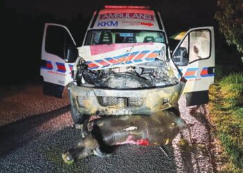 KEADAAN ambulans yang melanggar kerbau di laluan gelap Jalan Ipoh-Lumut berhampiran Pusing di Batu Gajah, Perak, kelmarin.