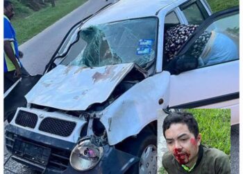 KERETA Perodua Kancil remuk, manakala Norkhuraihan Nor Hisam (gambar kecil) mengalami kecederaan pada bahagian muka dan badan akibat melanggar sekumpulan tiga ekor gajah yang melintas jalan di Kilometer 72, Jalan Yong Peng-Kluang.