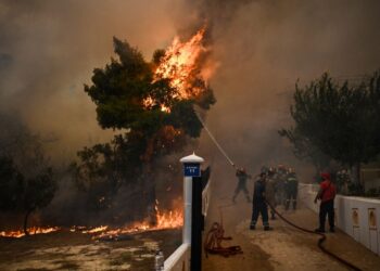 PASUKAN bomba menyembur air untuk memadamkan kebakaran hutan di Chasia di pinggir Athens. - AFP 