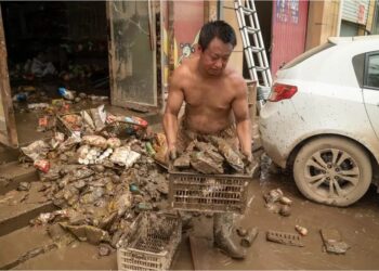 SEORANG lelaki mengeluarkan barangan yang rosak selepas kedainya di landa banjir di Zhuozhou di wilayah Hebei, China.-AGENSI