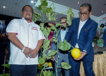 Mohamed Khaled Nordin memotong buah Sun Melon yang ditanam Pusat Pertanian Universiti Putra Malaysia (UPM) pada Majlis Perasmian Persidangan Keterjaminan Makanan Kebangsaan 2023 di UPM di Serdang, semalam. - UTUSAN/FARIZ RUSADIO