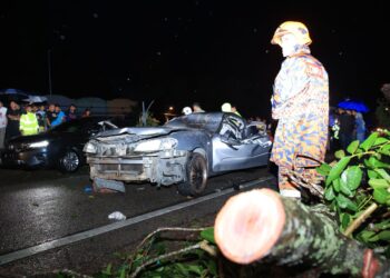 KEADAAN kereta yang remuk selepas dihempap pokok di  di Jalan Kuala Krai-Kota Bharu, berhampiran Kem Desa Pahlawan, Kok Lanas, Kota Bharu, Kelantan malam tadi-UTUSAN/KAMARUL BISMI KAMARUZAMAN.