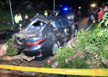 KEADAAN kereta mangsa yang remuk selepas dihempap pokok dalam kejadian di Jalan Machang-Kota Bharu, Kok Lanas, Kota Bharu, Kelantan malam tadi.-UTUSAN/KAMARUL BISMI KAMARUZAMAN