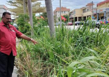 S. Jeganathan menunjukkan keadaan parit di beberapa kawasan di Simpang Jeram, Muar, Johor yang didakwa tidak diselenggara sejak sekian lama. - UTUSAN/ADNAN IBRAHIM