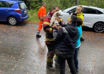 ANGGOTA bomba menyerahkan Gaia kepada Alian Chichignoud (kiri) selepas diselamatkan dari paip bawah tana di bandar Vaulruz,Switzerland.-AGENSI