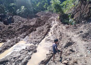 LALUAN jalan balak ke perkampungan Orang Asli Pos Gob, Gua Musang, Kelantan rosak teruk akibat hujan.- IHSAN PENDUDUK