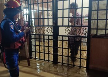 ANGGOTA APM Kubang Pasu memantau keadaan rumah mangsa yang dinaiki air akibat banjir kilat di Malau, Jitra.