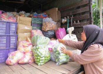 MAZITA Mamat menyimpan barangan jualannya  ke dalam lori sebagai persiapan menghadapi banjir di Kampung Limau Kasturi, Gua Musang, Kelantan. – UTUSAN/AIMUNI TUAN LAH