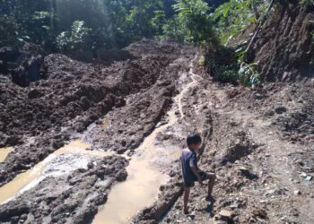 LALUAN jalan balak ke perkampungan Orang Asli Pos Gob, Gua Musang, Kelantan rosak teruk akibat hujan.-IHSAN PENDUDUK.