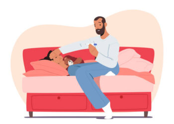 Sick Child Lying In Bed At Home Bedroom, Father Character Sitting Next To Daughter With Cold Fever, Kid Disease, Flu, Illness Concept with Dad and Girl, Cartoon People Vector Illustration