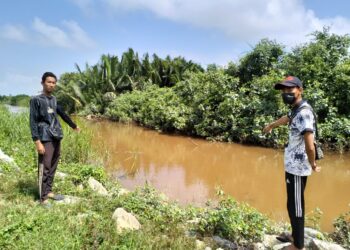 MOHD. Saupi Rosli (kanan) menunjukkan lokasi buaya yang ditemui di parit berdekatan pintu air Mak Neralang Kampung Kok Keli, Tumpat, Kelantan-UTUSAN/ ROHANA ISMAIL