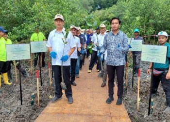 FAHMI Zainol (tiga dari kanan) semasa program penanaman anak pokok bakau sempena majlis pelancaran Program Pemulihan Habitat Hutan Paya Penang 2030 di Jeti Nelayan Changkat, Jawi, Pulau Pinang, hari ini.