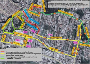 PETA laluan penutupan jalan dan laluan kontra di Banda Hilir, Melaka untuk Zon Bebas Kenderaan.