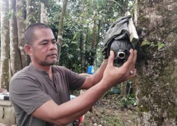 YAHYA Yasin menunjukkan perangkap lebah kelulut dihasilkan daripada botol air minuman yang dipasang pada pokok sekitar rumahnya di Kampung Paya Besar, Hulu Terengganu. - UTUSAN/NOOR HAYATI MAMAT