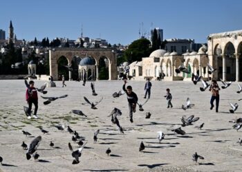 KANAK-kanak bermain dengan burung merpati di pekarangan Masjid Al-Aqsa, tapak ketiga paling suci umat Islam. -AFP