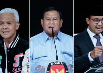 GANJAR Pranowo (kiri), Prabowo Subianto (tengah) dan Anies Baswedan (kanan). - AGENSI 