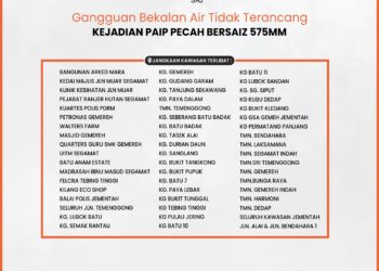 KAWASAN yang terjejas bekalan air di Segamat akibat kejadian paip pecah.