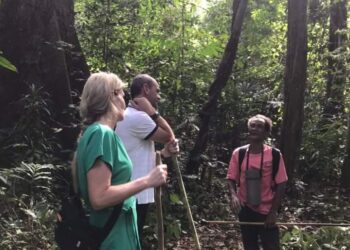 JOHN Kumbang (kanan) memberi penerangan mengenai flora dan fauna kepada dua pelancong dari Itali di Taman Negara Kuala Tahan, Jerantut, hari ini. - FOTO/IHSAN BIRD GROUP TAMAN NEGARA