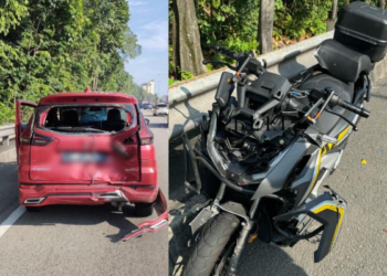 DUA kenderaan yang terlibat dalam kemalangan mengorbankan seorang anak pegawai polis di Lebuhraya Lingkaran Tengah (MRR 2) dari arah Sungai Besi menghala Cheras, hari ini.