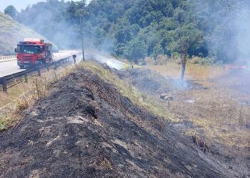 ANGGOTA bomba memadam kebakaran di kawasan lalang di tepi jalan dan hutan seluas empat hektar berhampiran Hentian Rehat dan Rawat Bintang Hijau, Sungai Rui di Gerik hari ini. - UTUSAN/IHSAN JBPM PERAK