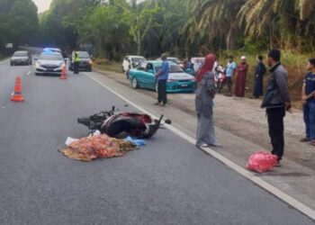 MANGSA maut dilokasi selepas motosikal yang  ditungganginya merempuh seekor lembu dalam kejadian di di Kilometer 80, Jalan Gua Musang-Kota Bharu dekat Bukit Ah Kim, Kuala Krai, Kelantan semalam.