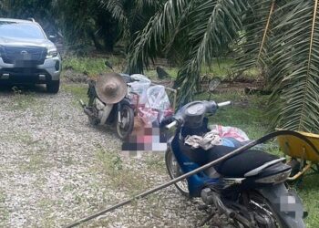 PASANGAN suami isteri yang ditemui mati di dalam kebun kelapa sawit di Pantai Remis, petang tadi. - UTUSAN/IHSAN PDRM