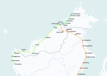 LALUAN bagi projek TBR yang merentasi Pulau Borneo dengan laluan berwarna hijau merupakan projek fasa pertama dan warga jingga adalah fasa kedua.