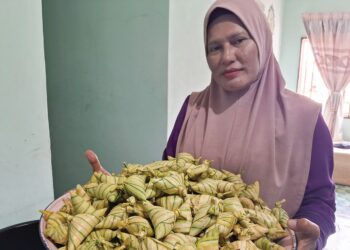 ROSLAINI Omar menunjukkan ketupat palas yang siap dibungkus di rumahnya di Kampung Enjin Gergaji, Chukai, Kemaman. – UTUSAN/NIK NUR IZZATUL HAZWANI NIK ADNAN