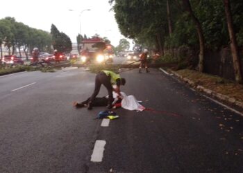 SEORANG warga emas maut selepas motosikal yang dinaikinya melanggar pokok tumbang di Jalan Persiaran Senawang 1 berhadapan stesen minyak di Taman Sri Mawar, Senawang, pagi tadi.-GAMBAR/IHSAN BOMBA