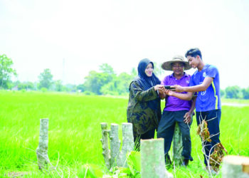 MUHAMMAD Irfan Azhar menunjukkan keputusan 9A SPM kepada ibu bapanya yang sedang bekerja di sawah di Kampung Kepala 10, Lomboh, Tambun Tulang, Arau, Perlis semalam. – UTUSAN/IZLIZAN OTHMAN