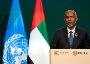 MOHAMED Muizzu berucap pada sidang kemuncak iklim COP28 Pertubuhan Bangsa-Bangsa Bersatu di Dubai, Emiriah Arab Bersatu. -REUTERS