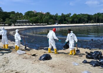 OPERASI pembersihan dijalankan di pantai terjejas akibat tumpahan minyak di Pulau Sentosa.- AGENSI