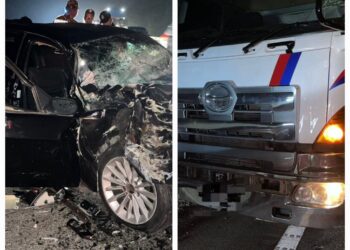 KEADAAN kereta BMW yang dipandu seorang lelaki dan dinaiki tiga wanita Vietnam terlibat dalam kemalangan dengan treler di Kilometer 123.8, Lebuhraya Utara-Selatan arah selatan berhampiran Pagoh, semalam.