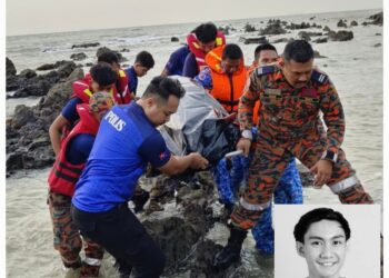 MAYAT Haqim Abdul Rahim Lee (gambar kecil) ditemukan kira-kira 1,000 meter dari lokasi mangsa dilaporkan hilang di Pantai Batu Layar, Kota Tinggi.