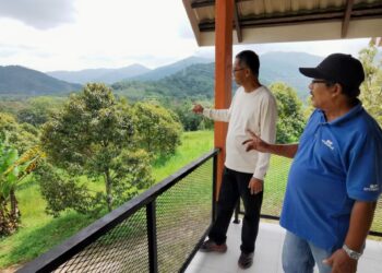 MOHD. Zahari Ali (kanan) dan pekebun durian, Nasura Mohd. Yusof menunjukkan sebahagian tanaman durian di Ulu Beranang yang turut dirancang untuk membekalkan buah durian ke pasaran China tidak lama lagi. – UTUSAN/MOHD. SHAHJEHAN MAAMIN