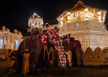 GAJAH dihiasi dengan pakaian berwarna-warni menjadi tarikan utama dan tradisi dalam acara keagamaan di Sri Lanka.- AGENSI