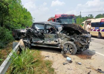 KEADAAN Toyota Hilux yang remuk dalam kemalangan jalan raya di Kilometer 145, Jalan Persekutuan Kuala Lumpur-Kuantan berdekatan Temerloh. - FOTO/IPD TEMERLOH