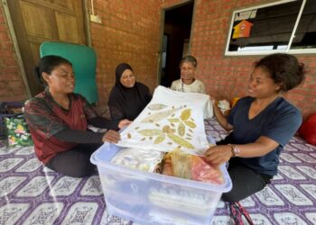 (DARI kiri) Zaidah Kasim, Juliana Puling, Noraini Ale dan Hamidah Muhammad menunjukkan hasil baju cetak eko menggunakan daun yang bakal menjadi sumber pendapatan baharu masyarakat Kampung Orang Asli Gumum di Pekan.